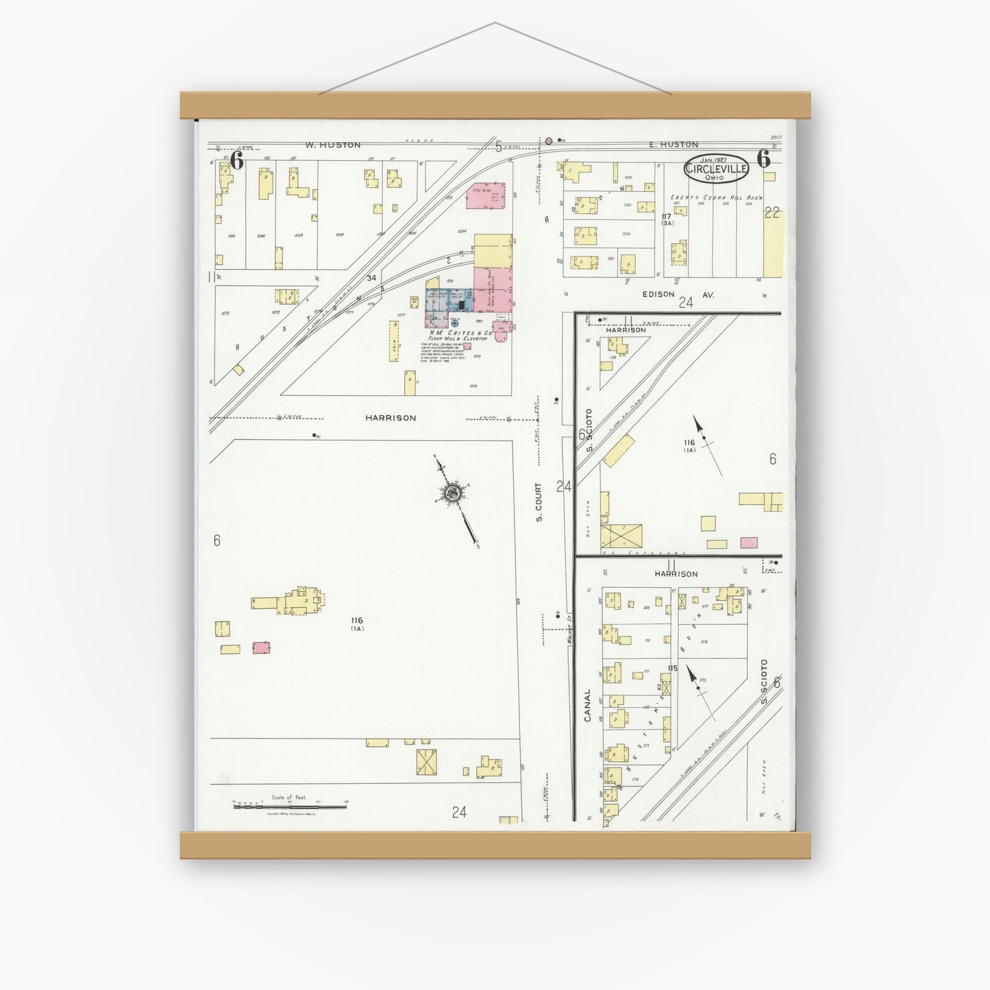 Old map wall art mockup — magnetic wood frame on white wall — Sanborn Fire Insurance Map from Circleville, Pickaway County, Ohio (1927), Sheet #0006