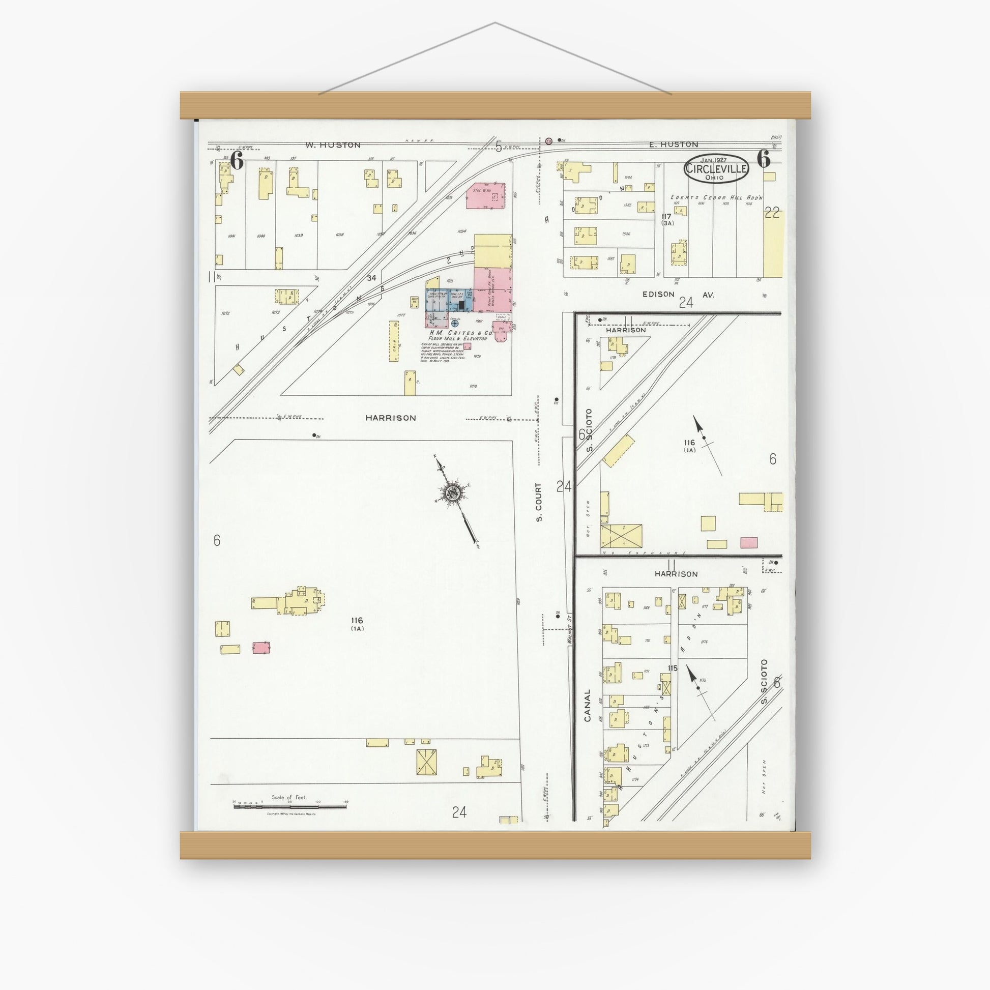 Old map wall art mockup — magnetic wood frame on white wall — Sanborn Fire Insurance Map from Circleville, Pickaway County, Ohio (1927), Sheet #0006