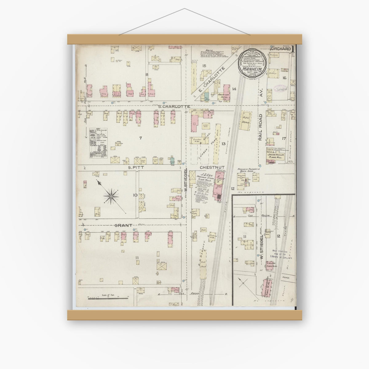 Old map wall art mockup — magnetic wood frame on white wall — Sanborn Fire Insurance Map from Manheim, Lancaster County, Pennsylvania (1886) - Complete Map Set