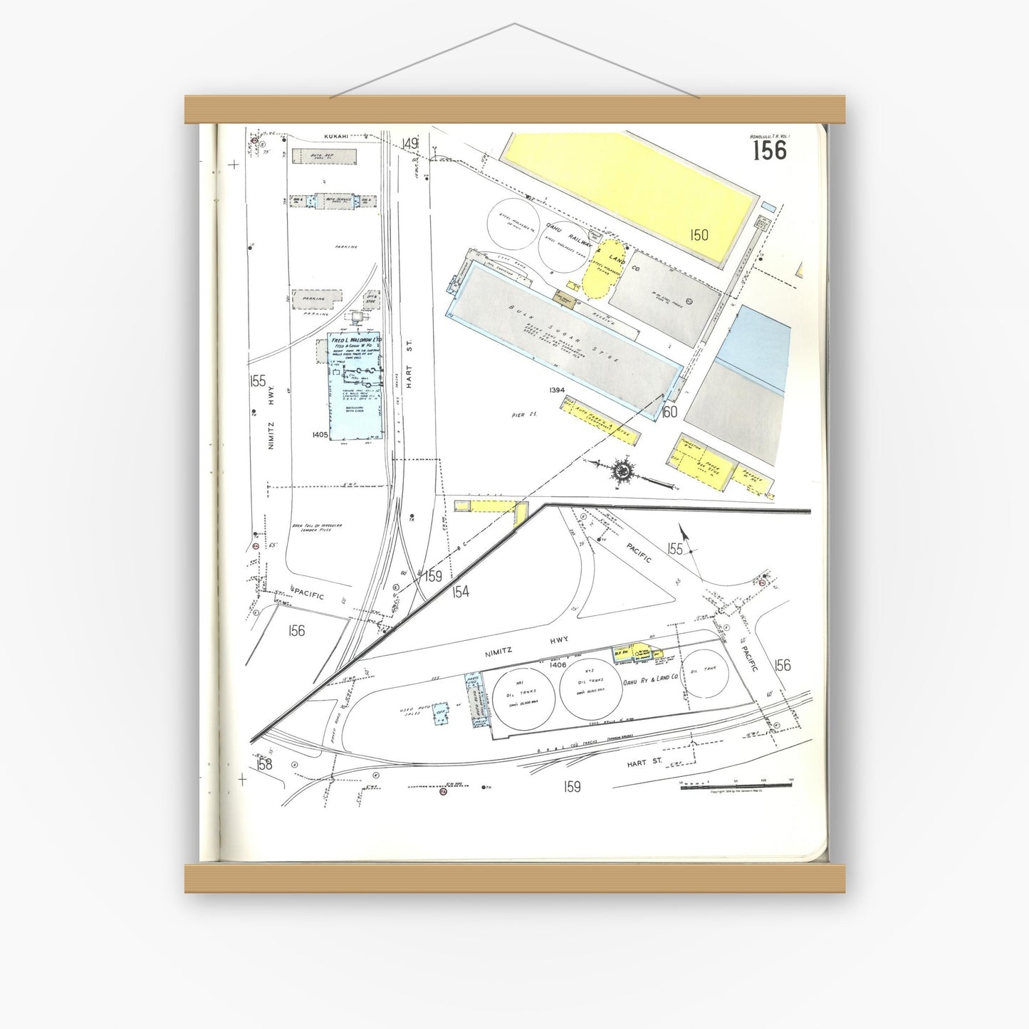 Old map wall art mockup — magnetic wood frame on white wall — Sanborn Fire Insurance Map from Honolulu, Oahu County, Hawaii (1955), Sheet #0156