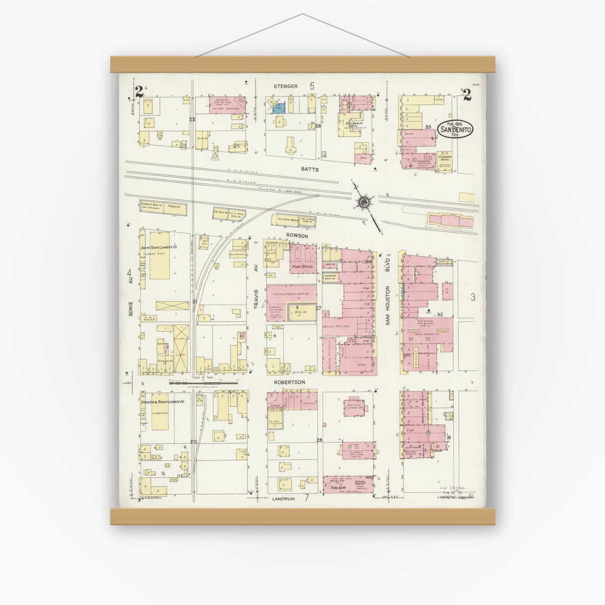 Old map wall art mockup — magnetic wood frame on white wall — Sanborn Fire Insurance Map from San Benito, Cameron County, Texas (1925), Sheet #0002