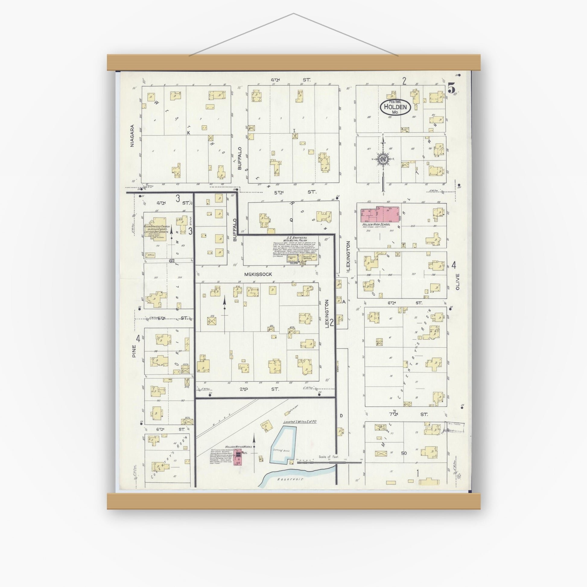 Old map wall art mockup — magnetic wood frame on white wall — Sanborn Fire Insurance Map from Holden, Johnson County, Missouri (1914), Sheet #0005