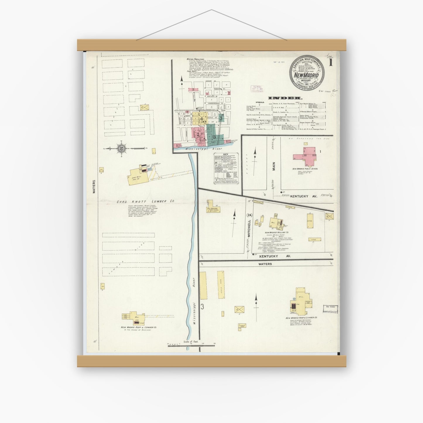 Old map wall art mockup — magnetic wood frame on white wall — Sanborn Fire Insurance Map from New Madrid, New Madrid County, Missouri (1911), Sheet #0001