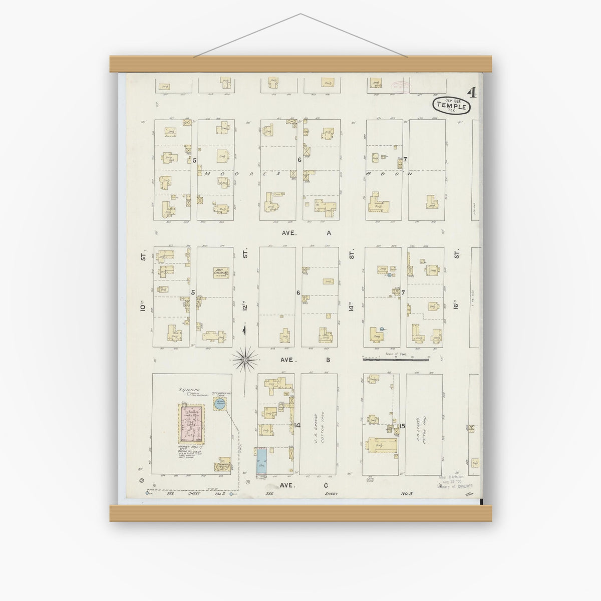 Old map wall art mockup — magnetic wood frame on white wall — Sanborn Fire Insurance Map from Temple, Bell County, Texas (1888), Sheet #0004