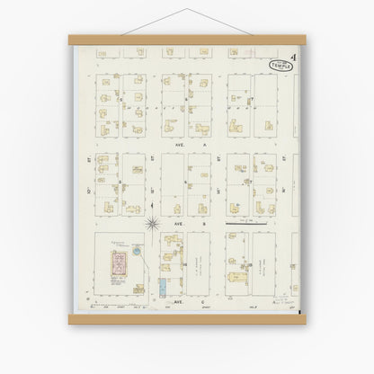 Old map wall art mockup — magnetic wood frame on white wall — Sanborn Fire Insurance Map from Temple, Bell County, Texas (1888), Sheet #0004