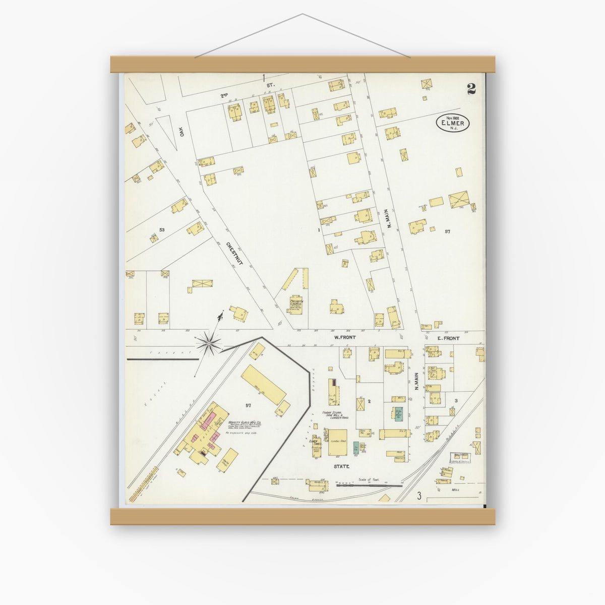 Old map wall art mockup — magnetic wood frame on white wall — Sanborn Fire Insurance Map from Elmer, Salem County, New Jersey (1902), Sheet #0002