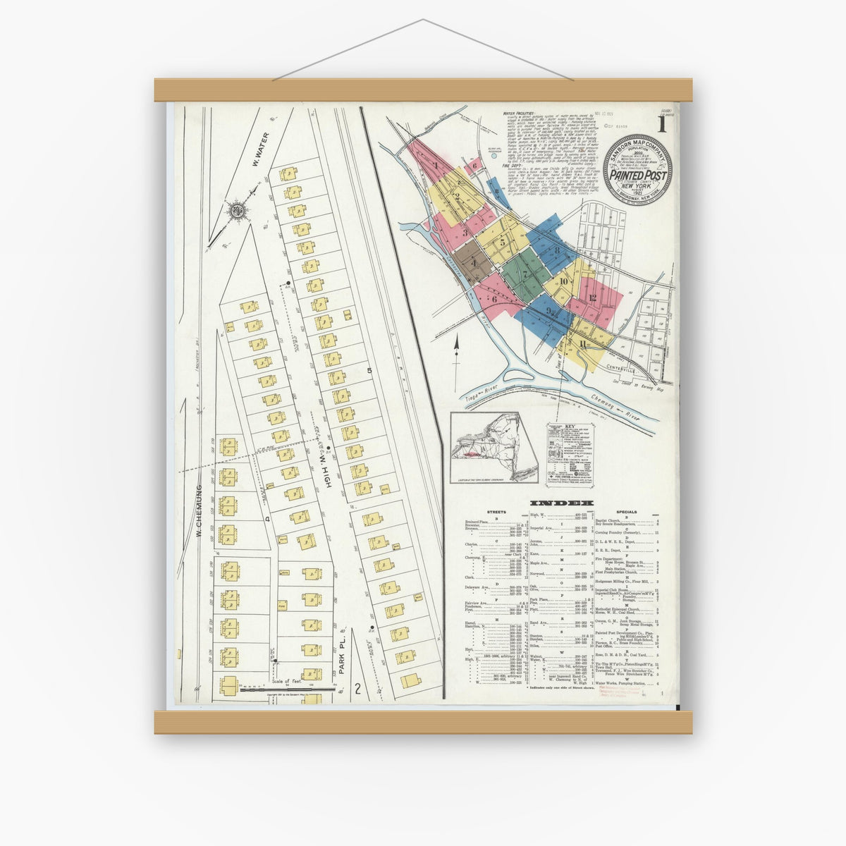 Old map wall art mockup — magnetic wood frame on white wall — Sanborn Fire Insurance Map from Painted Post, Steuben County, New York (1921) - Complete Map Set