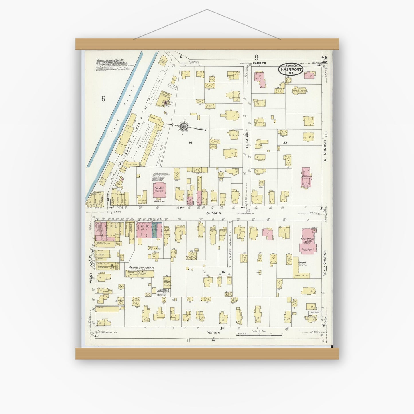 Old map wall art mockup — magnetic wood frame on white wall — Sanborn Fire Insurance Map from Fairport, Monroe County, New York (1909) - Complete Map Set