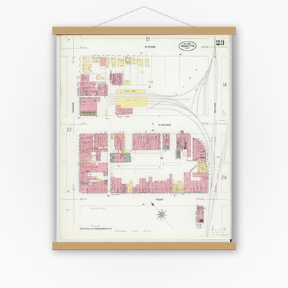 Old map wall art mockup — magnetic wood frame on white wall — Sanborn Fire Insurance Map from Marietta, Washington County, Ohio (1907), Sheet #0023