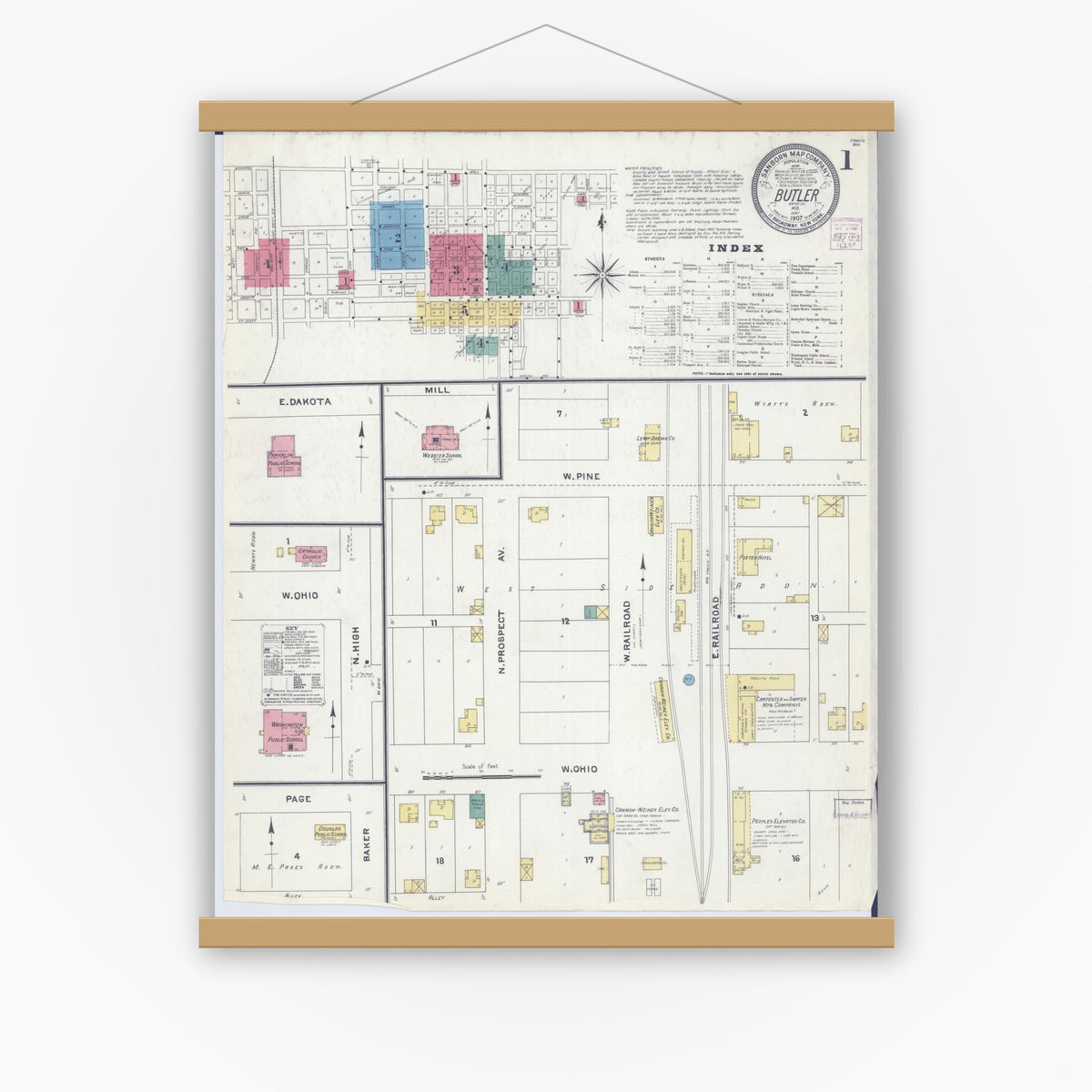 Old map wall art mockup — magnetic wood frame on white wall — Sanborn Fire Insurance Map from Butler, Bates County, Missouri (1907) - Complete Map Set