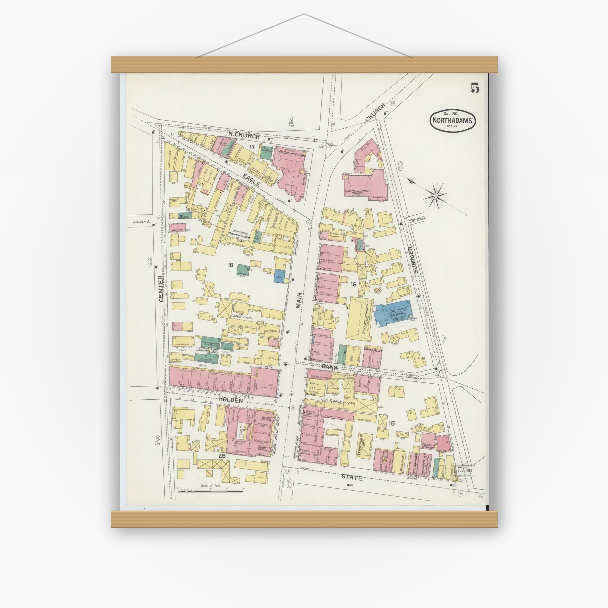 Old map wall art mockup — magnetic wood frame on white wall — Sanborn Fire Insurance Map from North Adams, Berkshire County, Massachusetts (1892), Sheet #0005
