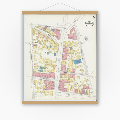 Old map wall art mockup — magnetic wood frame on white wall — Sanborn Fire Insurance Map from North Adams, Berkshire County, Massachusetts (1892), Sheet #0005