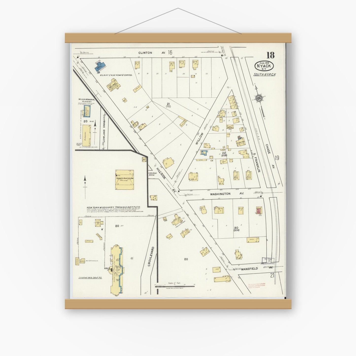 Old map wall art mockup — magnetic wood frame on white wall — Sanborn Fire Insurance Map from Nyack, Rockland County, New York. (1919), Sheet #0018