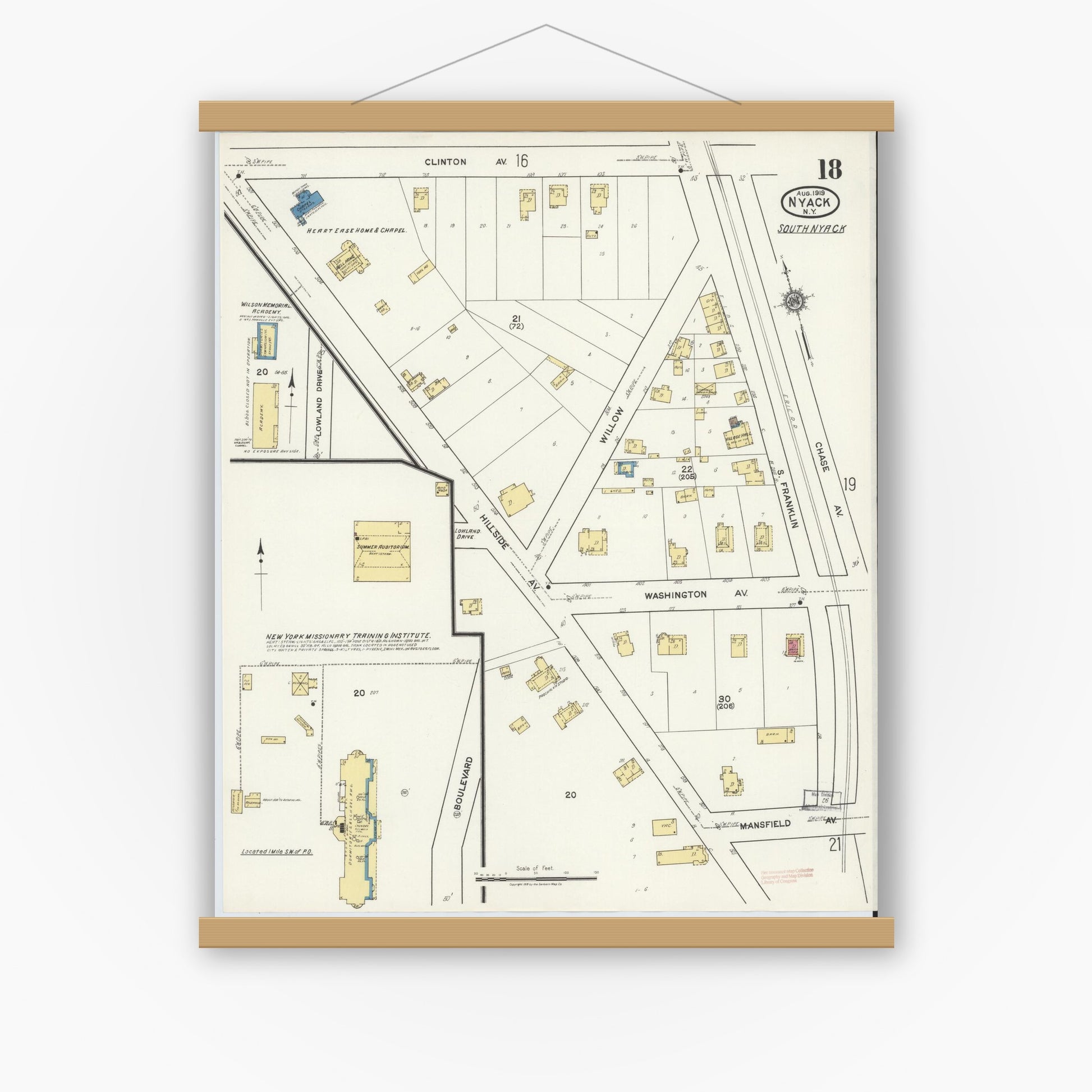 Old map wall art mockup — magnetic wood frame on white wall — Sanborn Fire Insurance Map from Nyack, Rockland County, New York. (1919), Sheet #0018