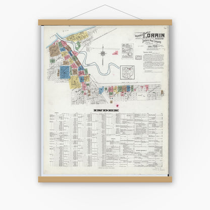 Old map wall art mockup — magnetic wood frame on white wall — Sanborn Fire Insurance Map from Lorain, Lorain County, Ohio (1918) - Complete Map Set