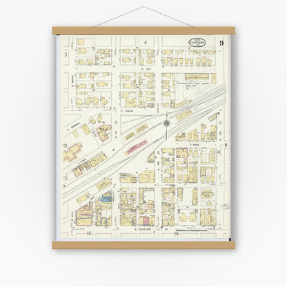 Old map wall art mockup — magnetic wood frame on white wall — Sanborn Fire Insurance Map from Ishpeming, Marquette County, Michigan (1911), Sheet #0009
