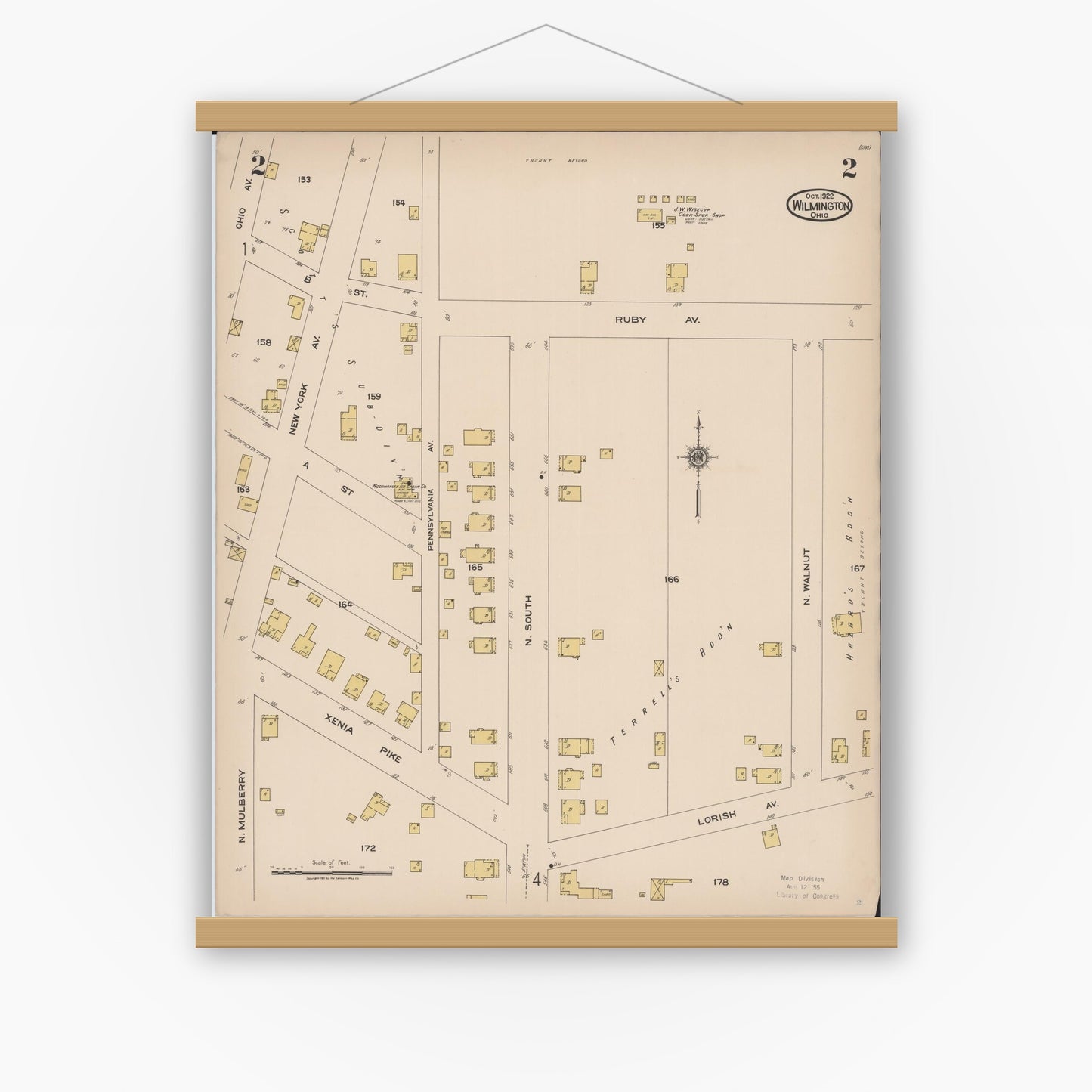 Old map wall art mockup — magnetic wood frame on white wall — Sanborn Fire Insurance Map from Wilmington, Clinton County, Ohio (1922), Sheet #0002