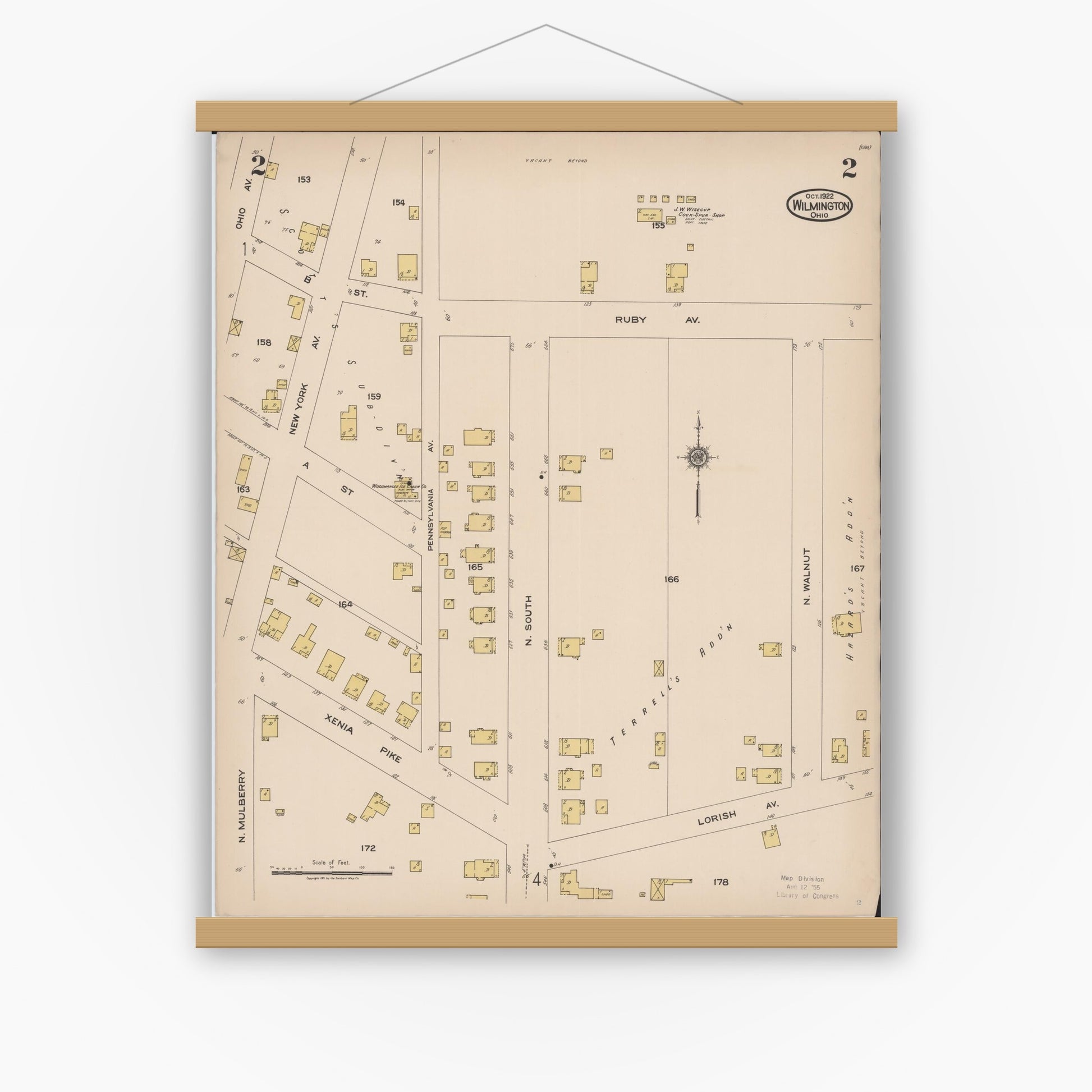 Old map wall art mockup — magnetic wood frame on white wall — Sanborn Fire Insurance Map from Wilmington, Clinton County, Ohio (1922), Sheet #0002