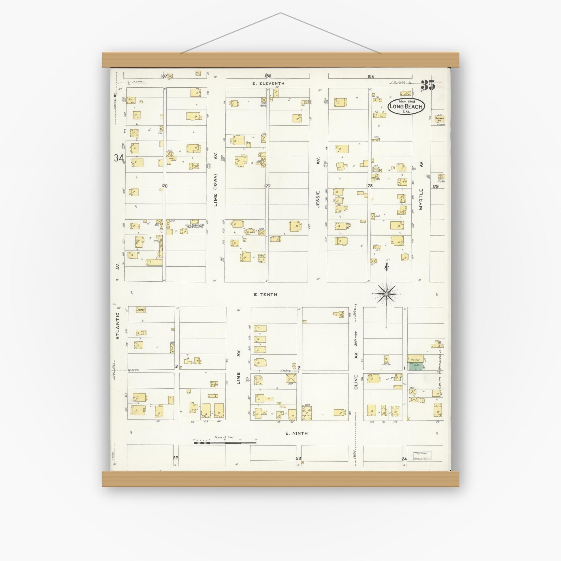 Old map wall art mockup — magnetic wood frame on white wall — Sanborn Fire Insurance Map from Long Beach, Los Angeles County, California (1908), Sheet #0035