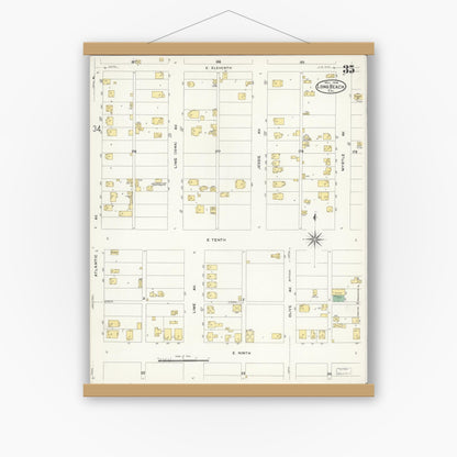 Old map wall art mockup — magnetic wood frame on white wall — Sanborn Fire Insurance Map from Long Beach, Los Angeles County, California (1908), Sheet #0035