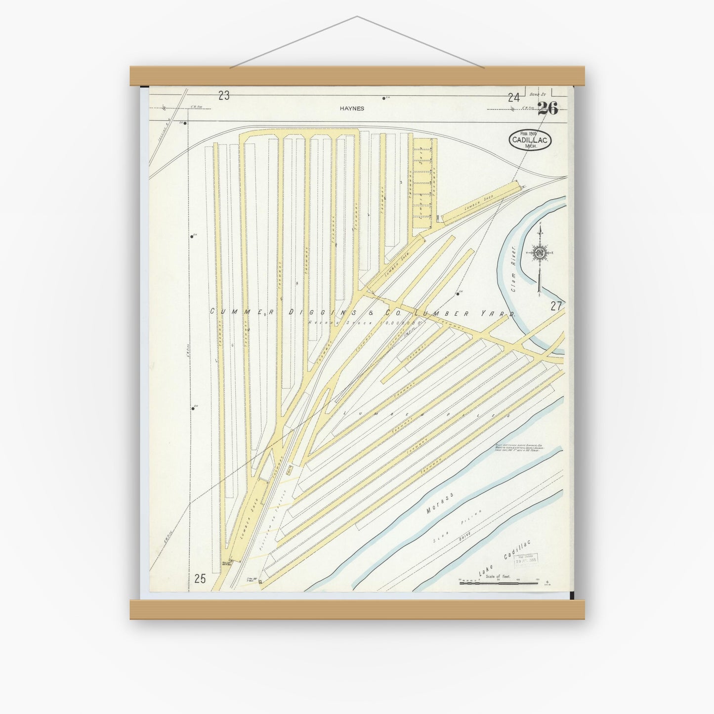 Old map wall art mockup — magnetic wood frame on white wall — Sanborn Fire Insurance Map from Cadillac, Wexford County, Michigan (1914), Sheet #0026