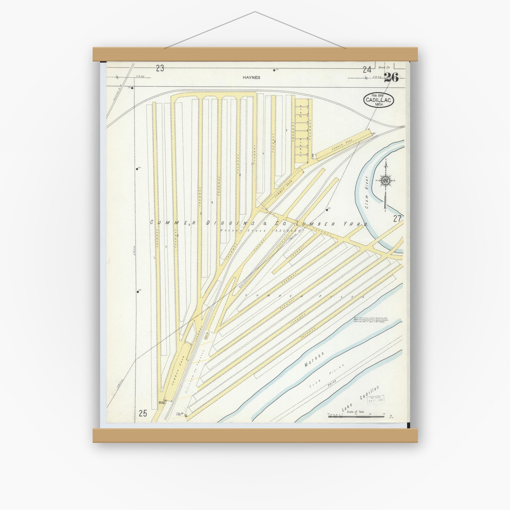 Old map wall art mockup — magnetic wood frame on white wall — Sanborn Fire Insurance Map from Cadillac, Wexford County, Michigan (1914), Sheet #0026