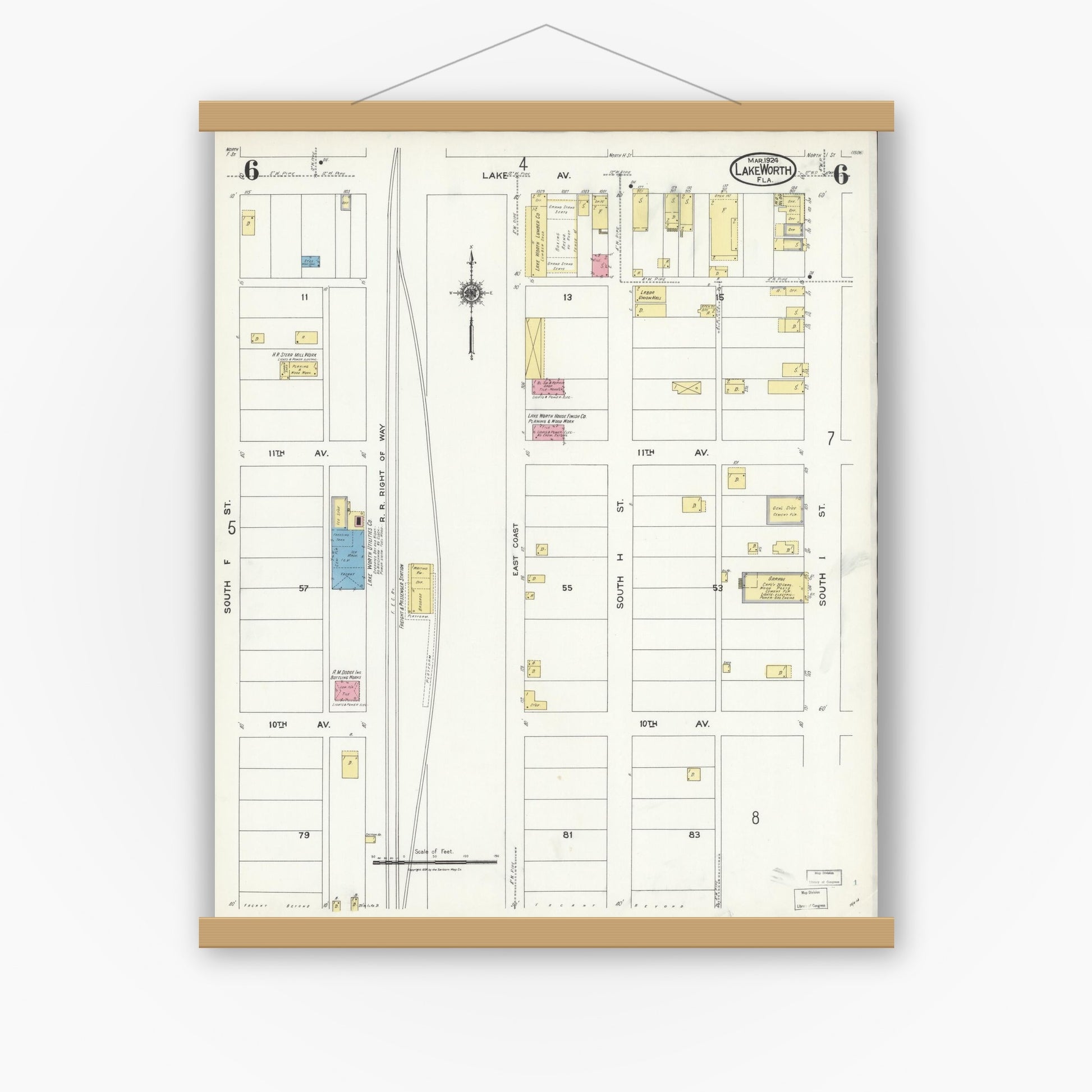 Old map wall art mockup — magnetic wood frame on white wall — Sanborn Fire Insurance Map from Lake Worth, Palm Beach County, Florida (1924), Sheet #0006