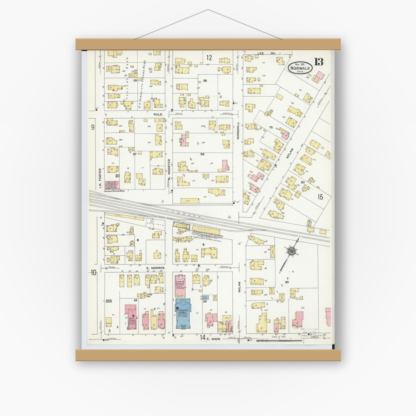 Old map wall art mockup — magnetic wood frame on white wall — Sanborn Fire Insurance Map from Norwalk, Huron County, Ohio (1911), Sheet #0013