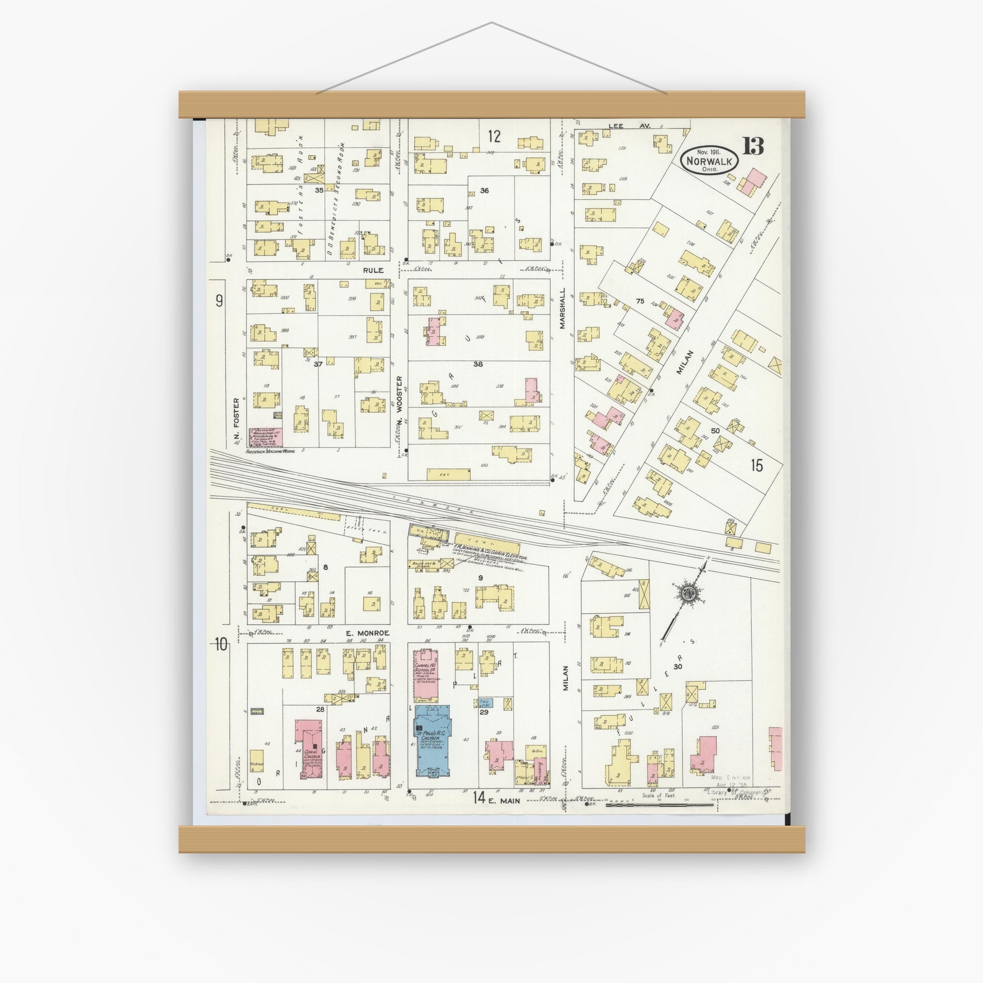 Old map wall art mockup — magnetic wood frame on white wall — Sanborn Fire Insurance Map from Norwalk, Huron County, Ohio (1911), Sheet #0013