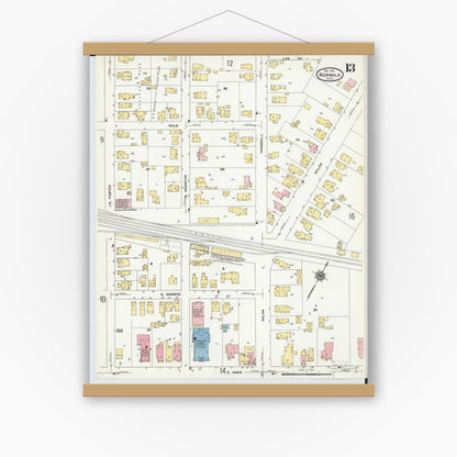 Old map wall art mockup — magnetic wood frame on white wall — Sanborn Fire Insurance Map from Norwalk, Huron County, Ohio (1911), Sheet #0013