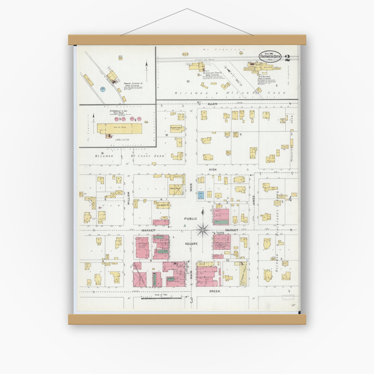 Old map wall art mockup — magnetic wood frame on white wall — Sanborn Fire Insurance Map from Farmer City, De Witt County, Illinois (1906), Sheet #0002