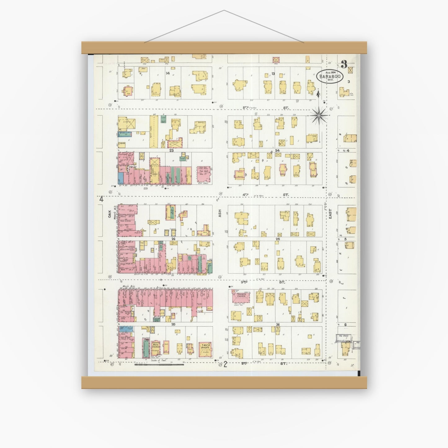 Old map wall art mockup — magnetic wood frame on white wall — Sanborn Fire Insurance Map from Baraboo, Sauk County, Wisconsin (1904), Sheet #0003