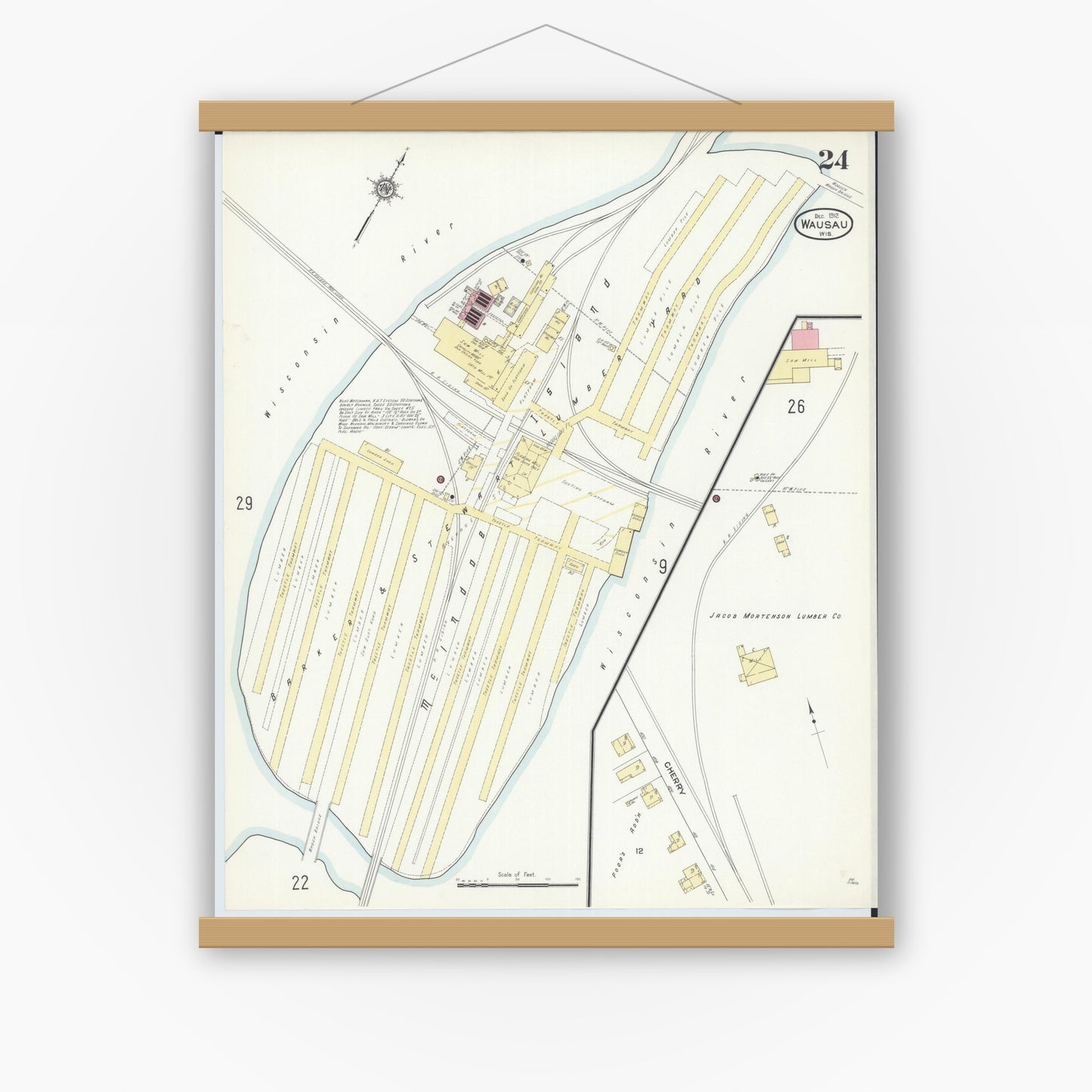Old map wall art mockup — magnetic wood frame on white wall — Sanborn Fire Insurance Map from Wausau, Marathon County, Wisconsin (1912), Sheet #0024