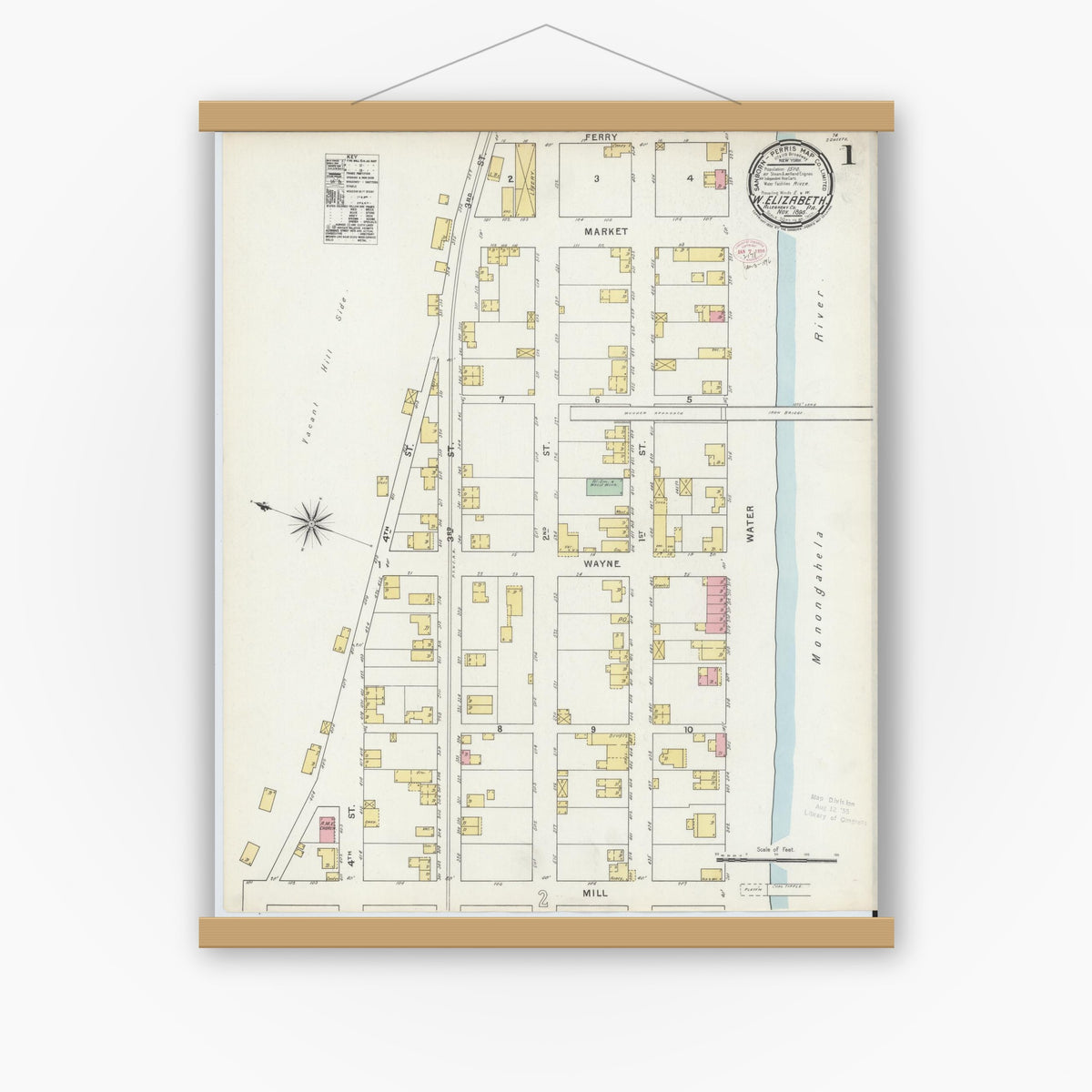 Old map wall art mockup — magnetic wood frame on white wall — Sanborn Fire Insurance Map from West Elizabeth, Allegheny County, Pennsylvania (1895) - Complete Map Set