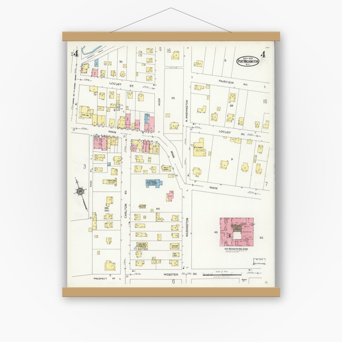 Old map wall art mockup — magnetic wood frame on white wall — Sanborn Fire Insurance Map from Port Washington, Nassau County, New York (1925), Sheet #0004