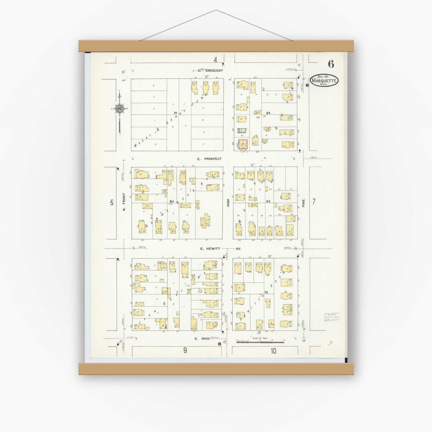 Old map wall art mockup — magnetic wood frame on white wall — Sanborn Fire Insurance Map from Marquette, Marquette County, Michigan (1911), Sheet #0006
