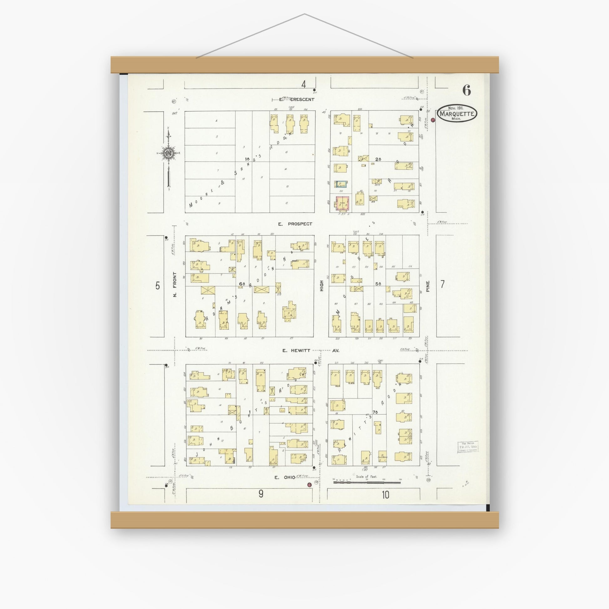 Old map wall art mockup — magnetic wood frame on white wall — Sanborn Fire Insurance Map from Marquette, Marquette County, Michigan (1911), Sheet #0006