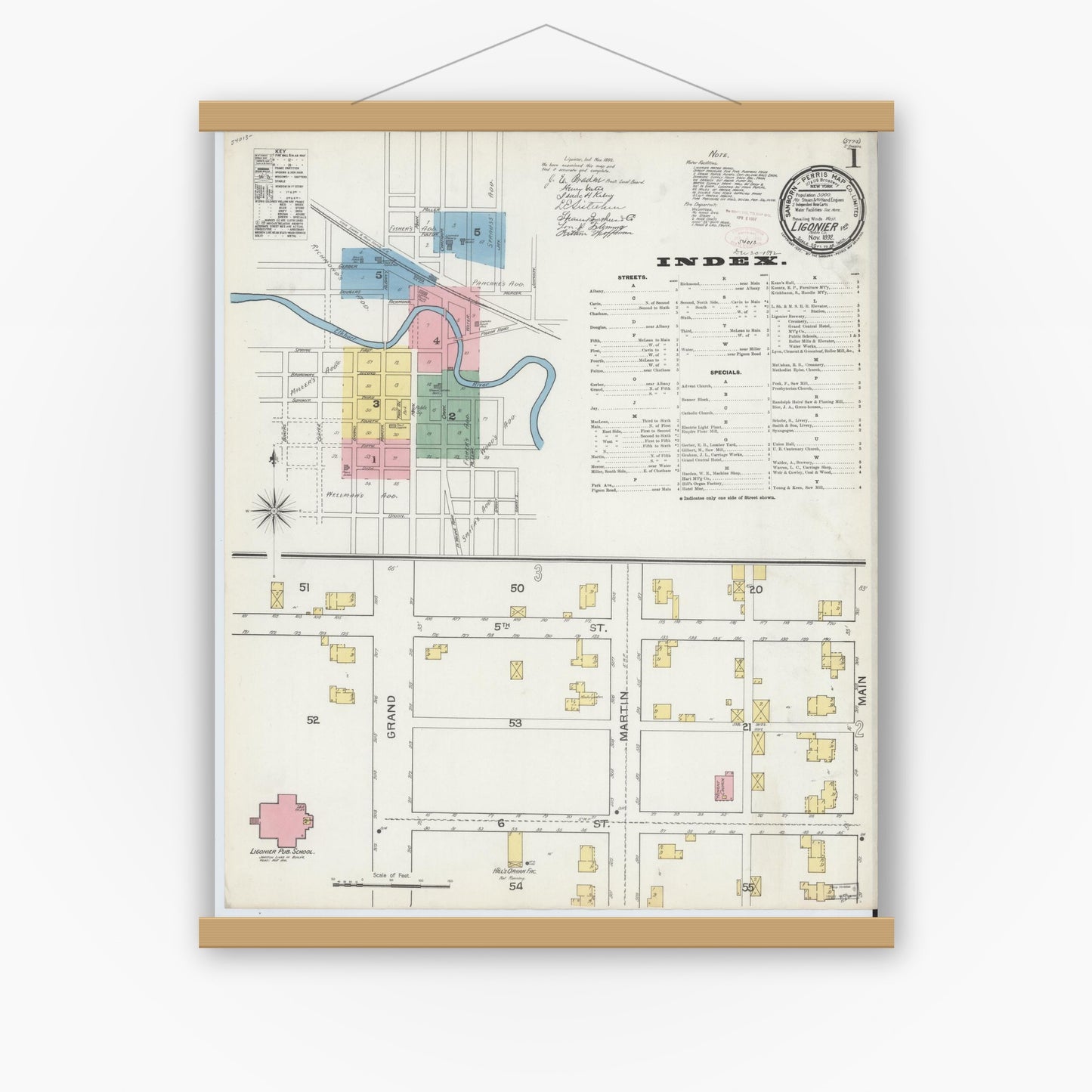 Old map wall art mockup — magnetic wood frame on white wall — Sanborn Fire Insurance Map from Ligonier, Noble County, Indiana (1892) - Complete Map Set