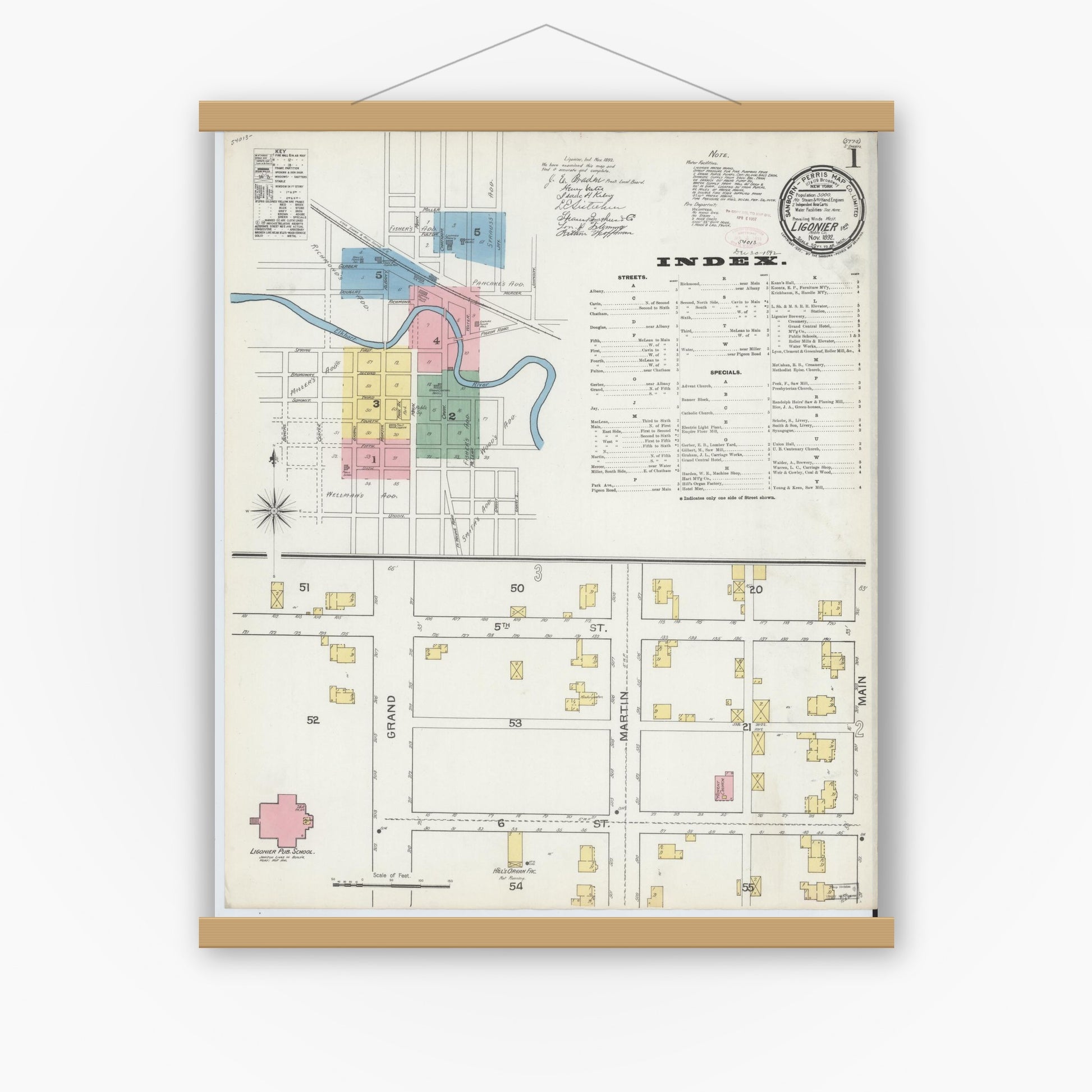Old map wall art mockup — magnetic wood frame on white wall — Sanborn Fire Insurance Map from Ligonier, Noble County, Indiana (1892) - Complete Map Set