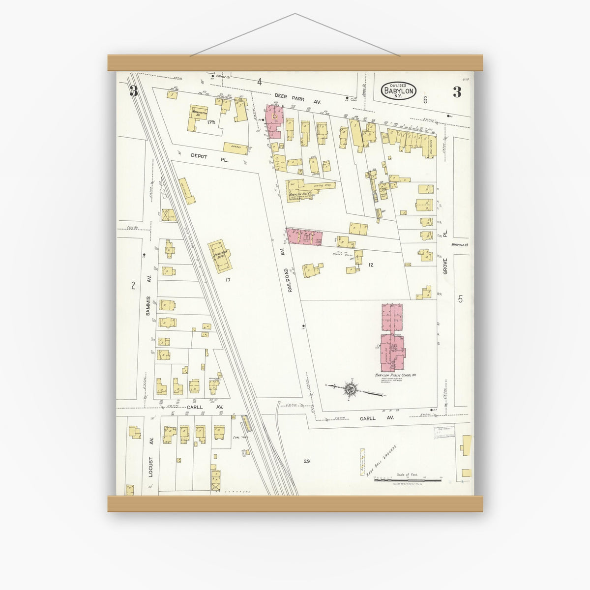 Old map wall art mockup — magnetic wood frame on white wall — Sanborn Fire Insurance Map from Babylon, Suffolk County, New York (1923), Sheet #0003