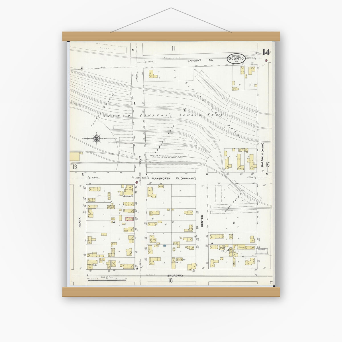 Old map wall art mockup — magnetic wood frame on white wall — Sanborn Fire Insurance Map from Oconto, Oconto County, Wisconsin (1911), Sheet #0014
