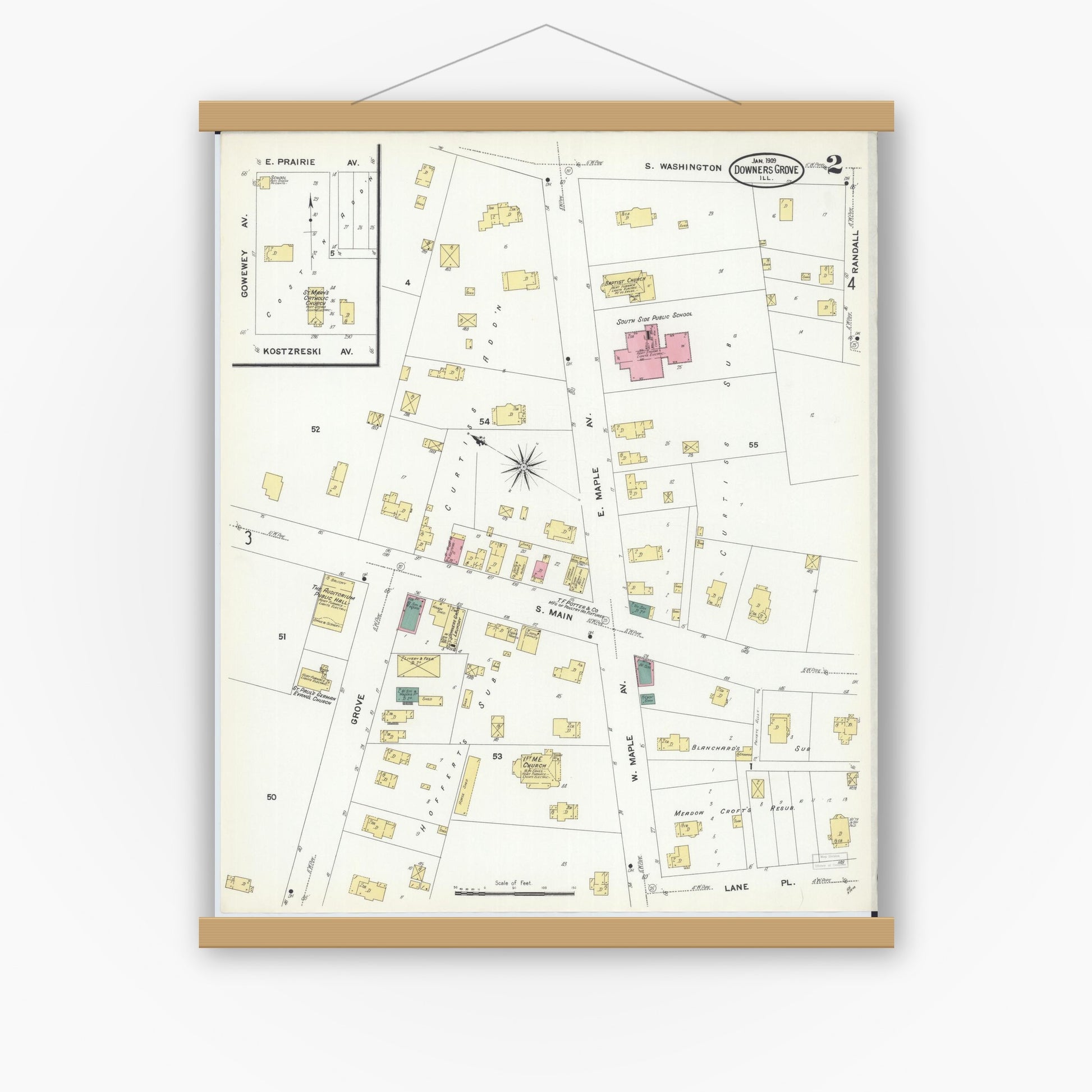 Old map wall art mockup — magnetic wood frame on white wall — Sanborn Fire Insurance Map from Downers Grove, Dupage County, Illinois (1909), Sheet #0002
