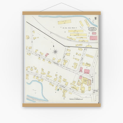 Old map wall art mockup — magnetic wood frame on white wall — Sanborn Fire Insurance Map from Orange, Franklin County, Massachusetts (1895), Sheet #0002