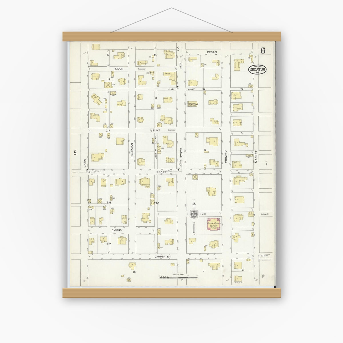 Old map wall art mockup — magnetic wood frame on white wall — Sanborn Fire Insurance Map from Decatur, Wise County, Texas (1914), Sheet #0006