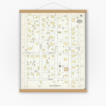 Old map wall art mockup — magnetic wood frame on white wall — Sanborn Fire Insurance Map from Decatur, Wise County, Texas (1914), Sheet #0006