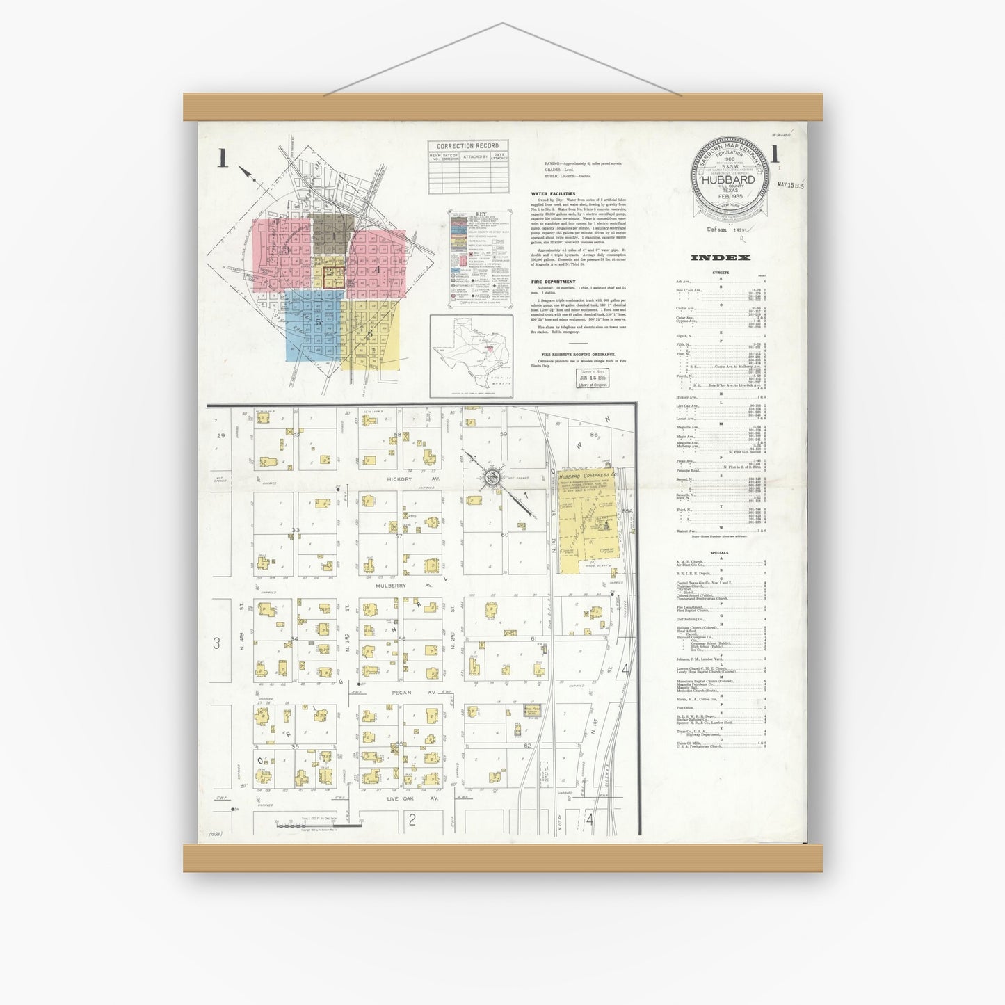 Old map wall art mockup — magnetic wood frame on white wall — Sanborn Fire Insurance Map from Hubbard, Hill County, Texas (1935), Sheet #0001