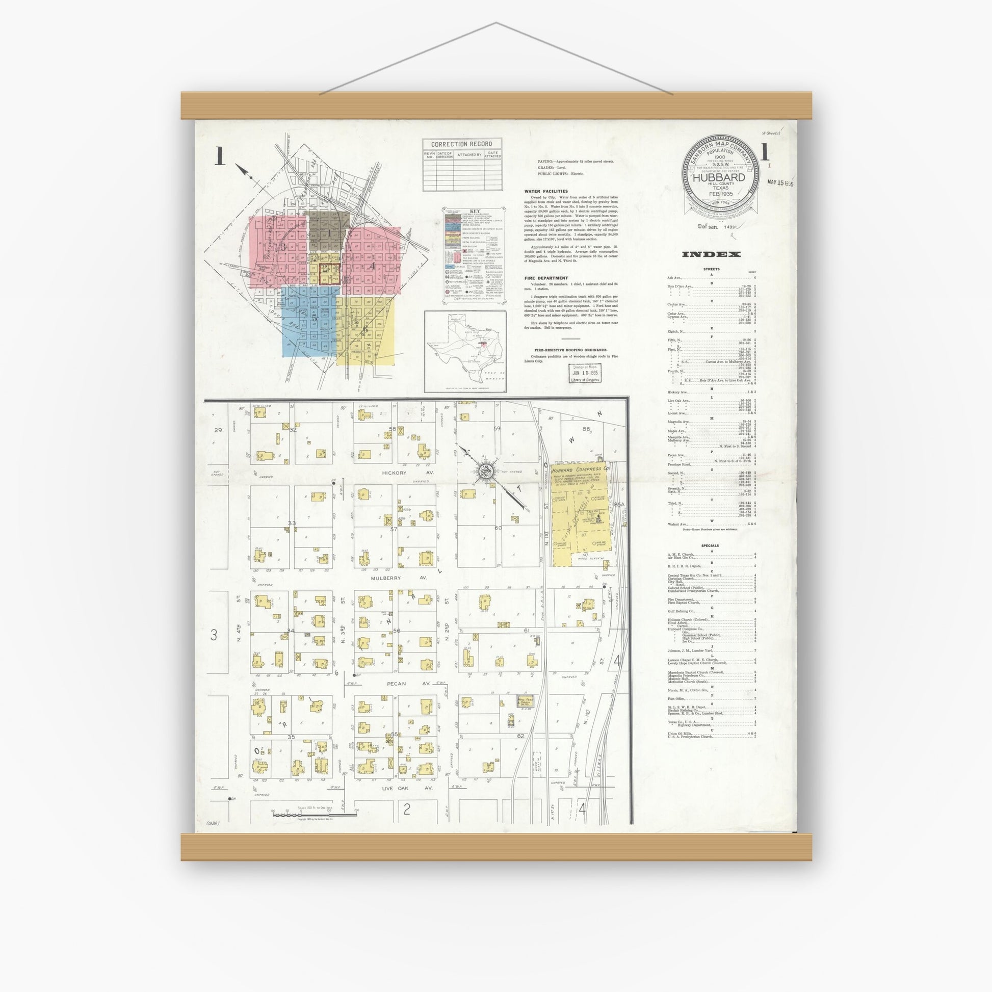 Old map wall art mockup — magnetic wood frame on white wall — Sanborn Fire Insurance Map from Hubbard, Hill County, Texas (1935), Sheet #0001