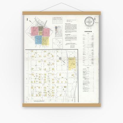 Old map wall art mockup — magnetic wood frame on white wall — Sanborn Fire Insurance Map from Hubbard, Hill County, Texas (1935), Sheet #0001