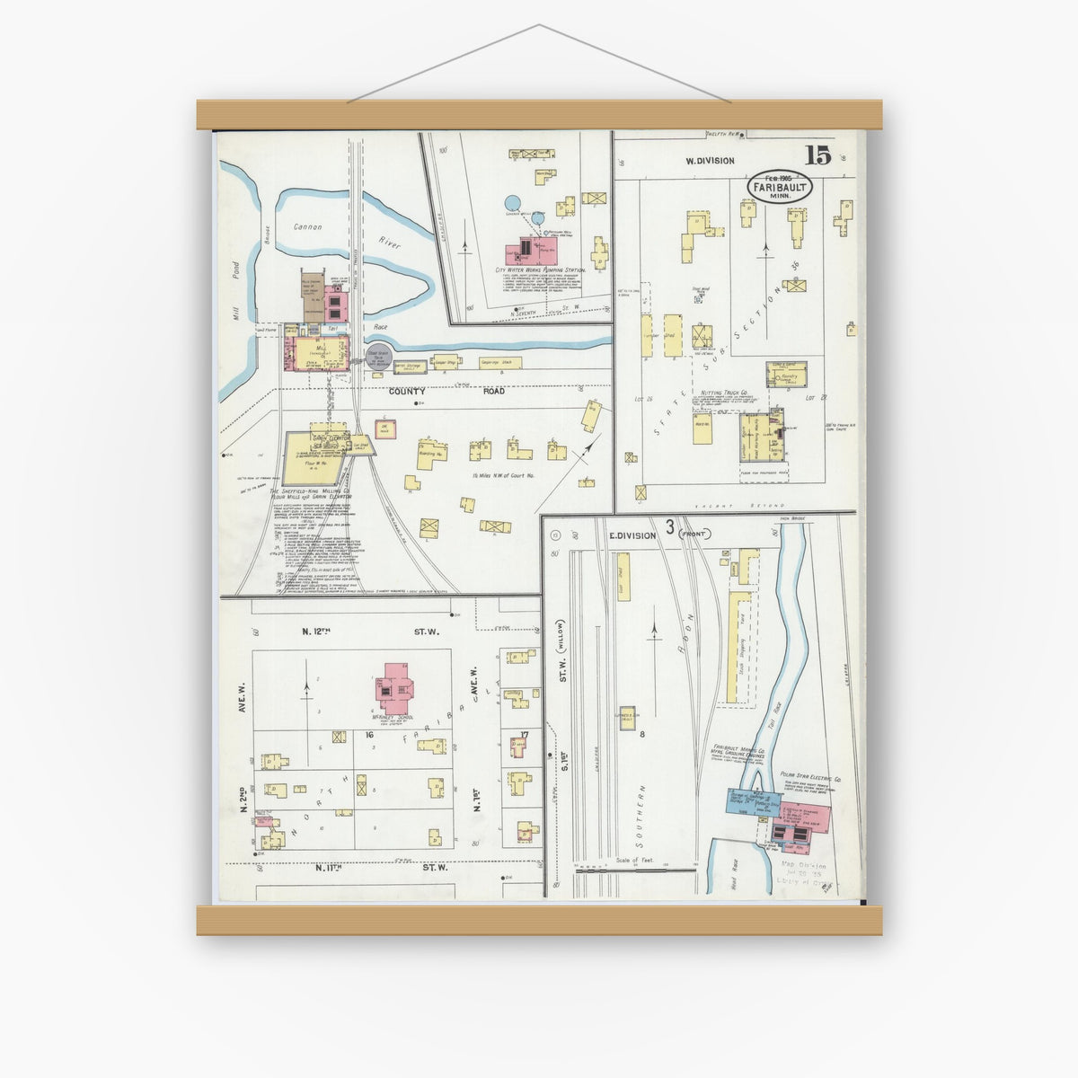 Old map wall art mockup — magnetic wood frame on white wall — Sanborn Fire Insurance Map from Faribault, Rice County, Minnesota (1905), Sheet #0015