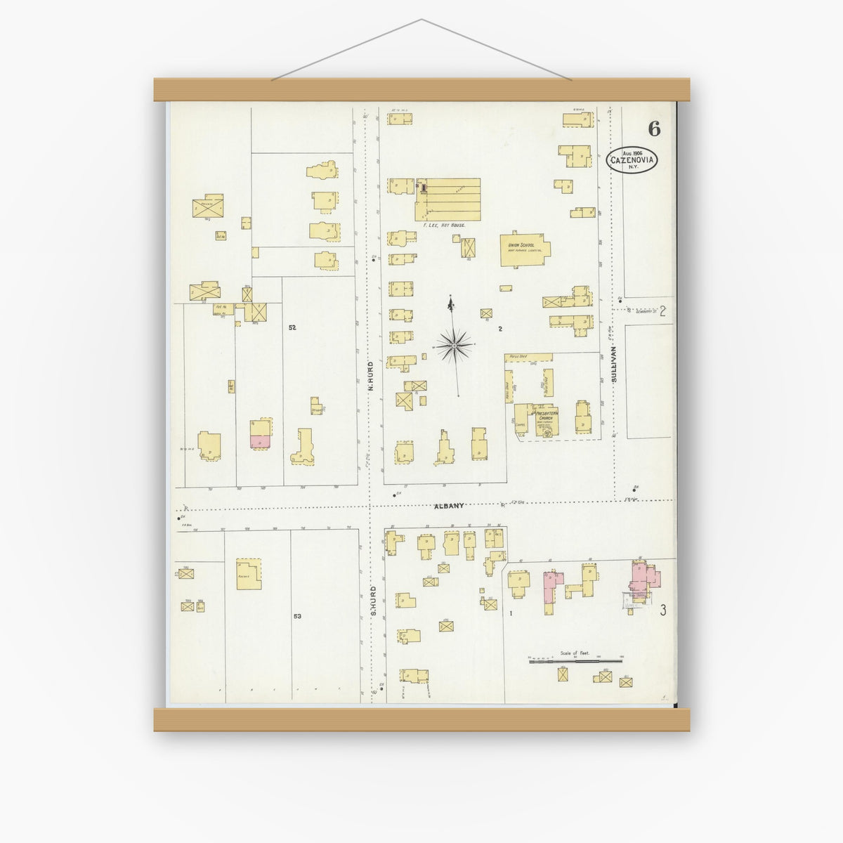 Old map wall art mockup — magnetic wood frame on white wall — Sanborn Fire Insurance Map from Cazenovia, Madison County, New York (1906), Sheet #0006